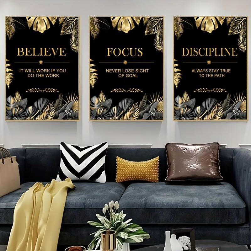 3pcs gold, leaves, text - Mode - مراجعة Canvas Wrap Ready وسعره