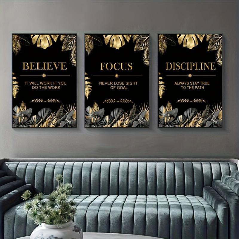 3pcs gold, leaves, text - Mode - مراجعة Canvas Wrap Ready وسعره